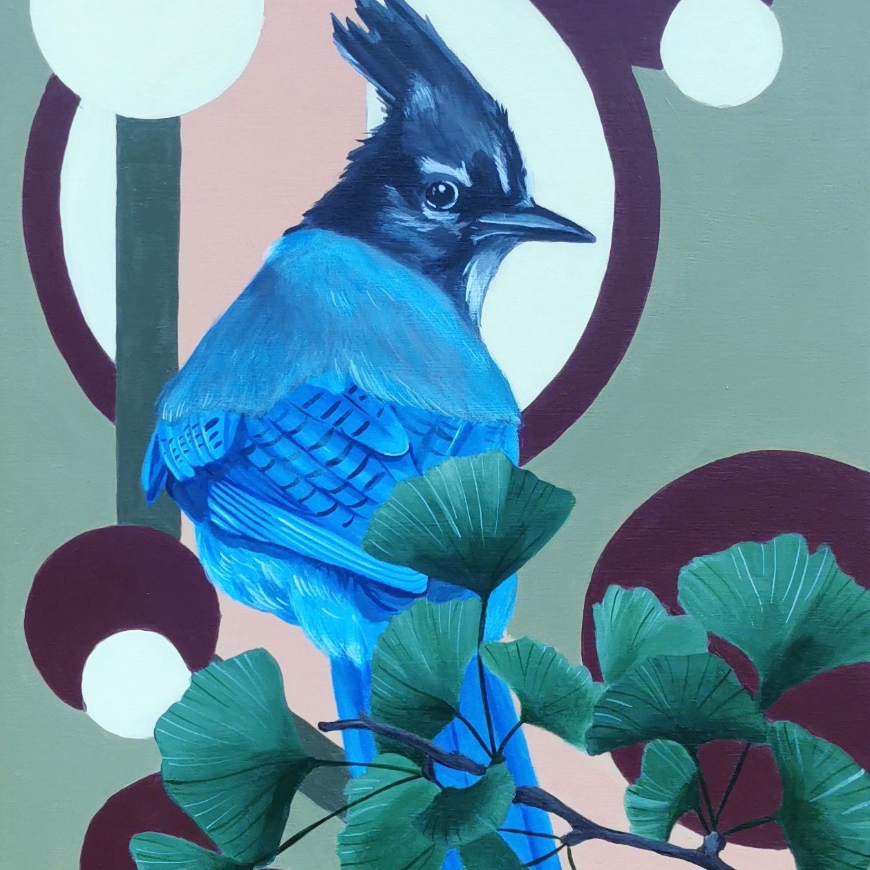 Stellers Jay and ginkgo leaves on geometric background
