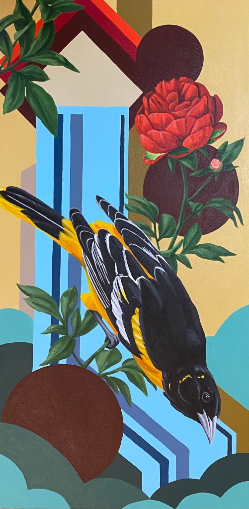 A vibrant painting featuring a black and yellow bird descending among colorful geometric shapes, green leaves, and a red rose against a warm background.