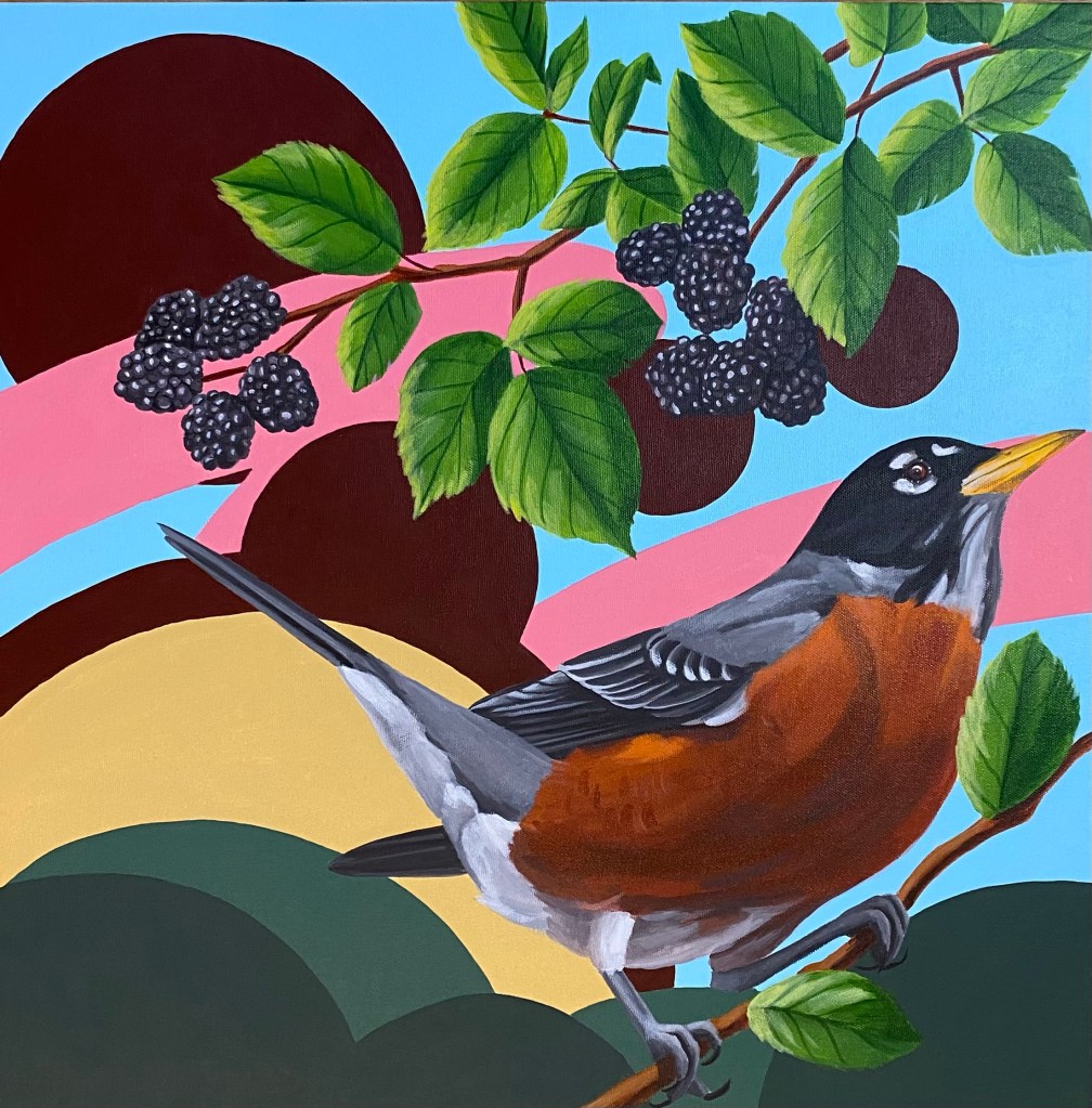 A vibrant painting of a bird perched on a branch with green leaves and blackberries, set against a colorful abstract background featuring pink, brown, and blue shapes.