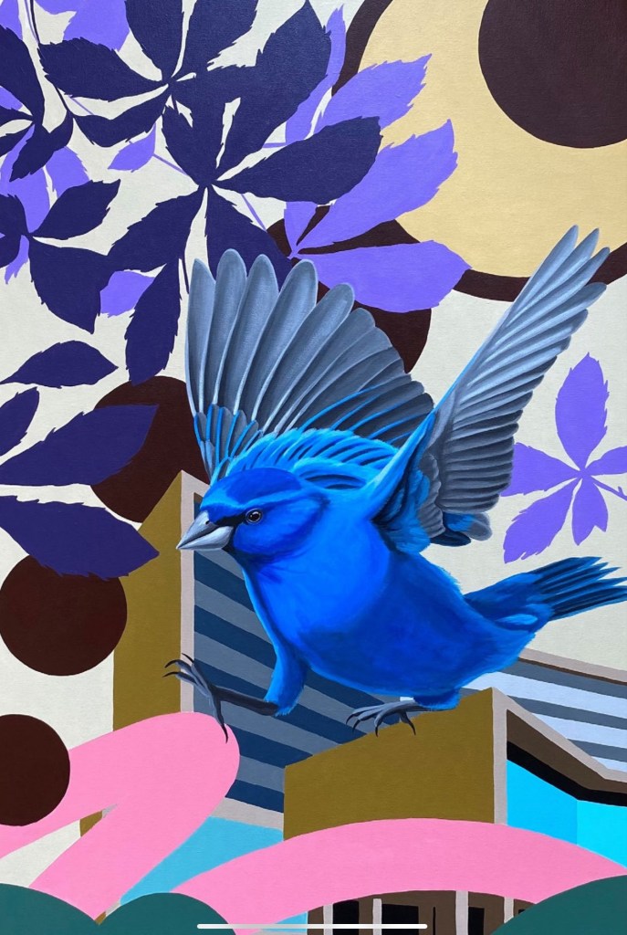 A vibrant blue bird with outstretched wings is depicted in mid-flight against a backdrop of abstract shapes and colorful leaves.