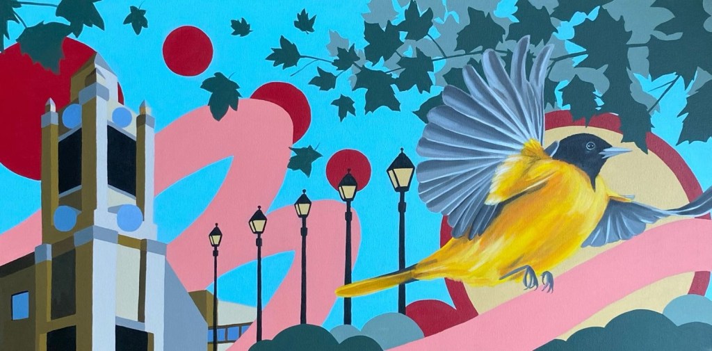 A vibrant painting featuring a yellow bird in flight, adorned against a backdrop of abstract shapes, red circles, and a stylized building with street lamps.