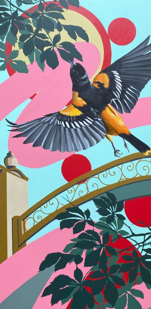 A colorful painting of a bird with orange and black feathers in mid-flight above a stylized bridge, surrounded by abstract shapes, red circles, and green leaves.