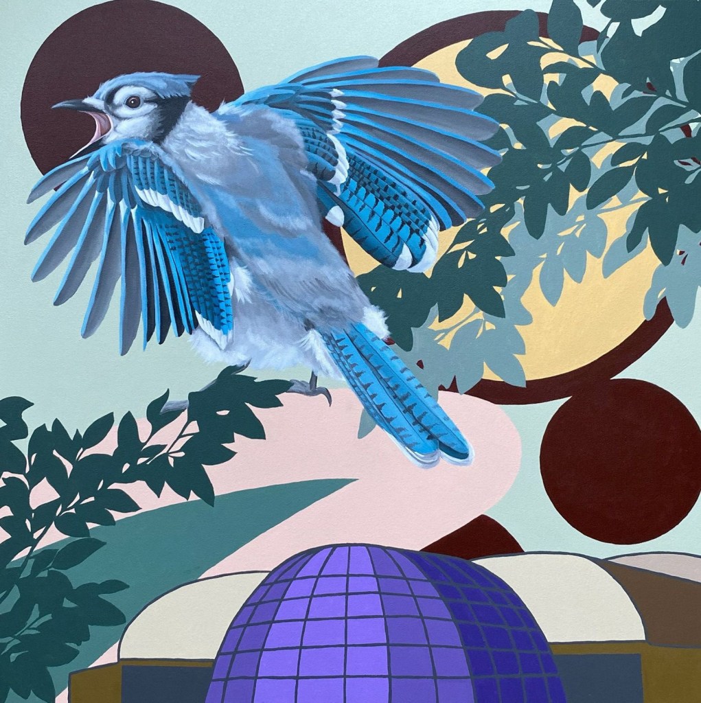 A vibrant illustration of a blue jay in mid-flight, surrounded by abstract shapes and foliage.
