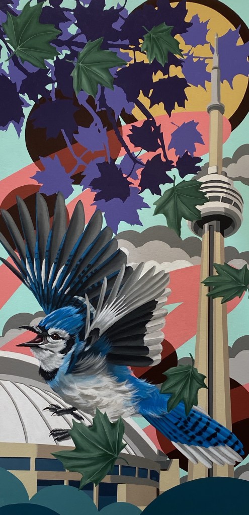 A colorful mural featuring a blue jay flying amidst purple leaves and stylized clouds, with the CN Tower visible in the background.