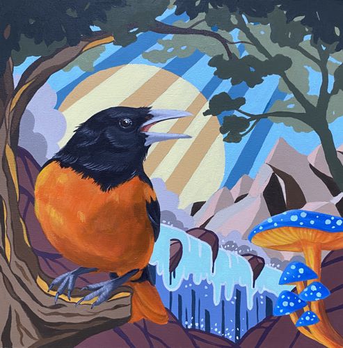 A vibrant painting of an oriole bird perched on a branch, with a background featuring a waterfall, colorful mushrooms, and a stylized sunset.