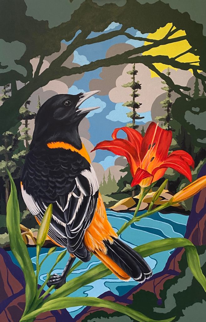 A colorful painting of a black and orange bird perched on green foliage with a red flower, set against a vibrant landscape featuring a river and trees under a blue sky.
