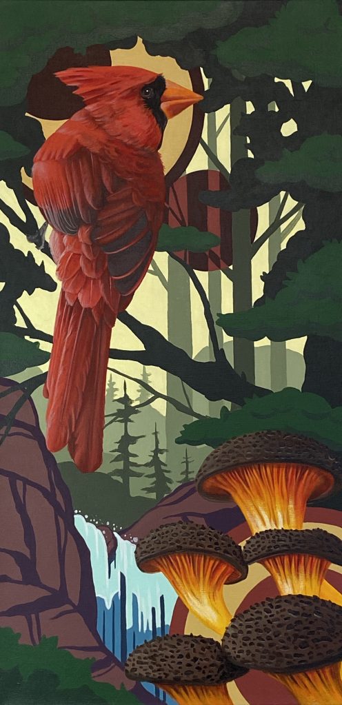 A vibrant red cardinal perched on a tree branch in a forest setting, with a waterfall cascading in the background and stylized mushrooms in the foreground.